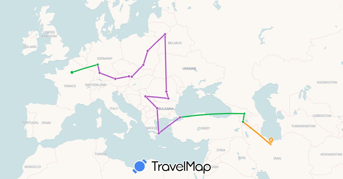 TravelMap itinerary: driving, bus, train, hitchhiking in Armenia, Austria, Bulgaria, Germany, France, Georgia, Greece, Iran, Lithuania, Poland, Romania, Serbia, Slovakia, Turkey (Asia, Europe)
